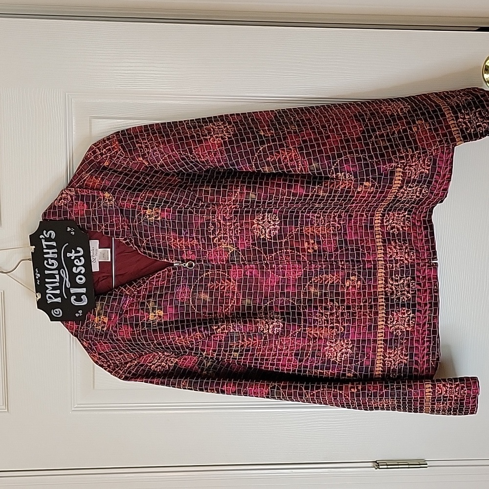 Christopher & Banks Petite XL Jacket Zip Up Red Pink Gold Brown Green Square